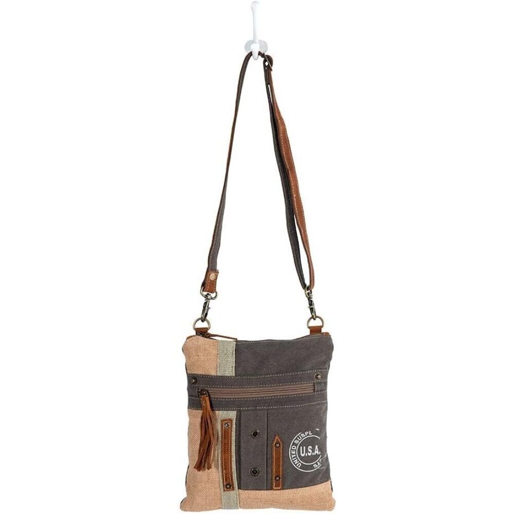 Women’s Upcycled Canvas Leather Crossbody Bag Adjustable Strap Gift - Picture 4 of 7